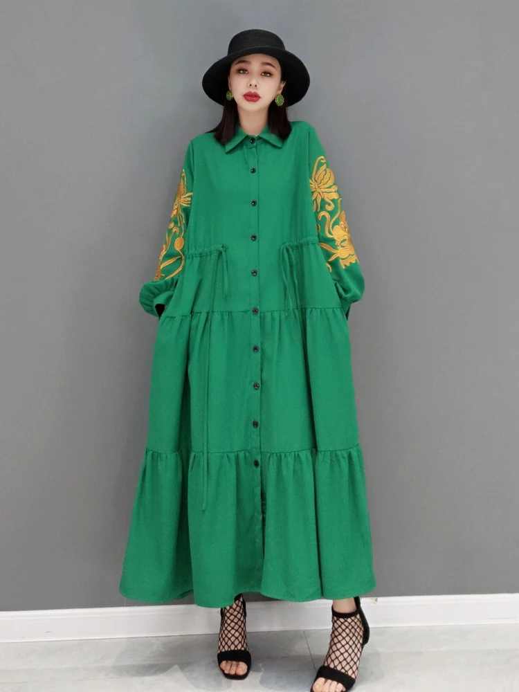 SHENGPALAE Fashion Embroidery Green Derss Women Spring 2025 New Laple Single Breasted Loose Long Sleeve Mid-calf Dresses 5E8968