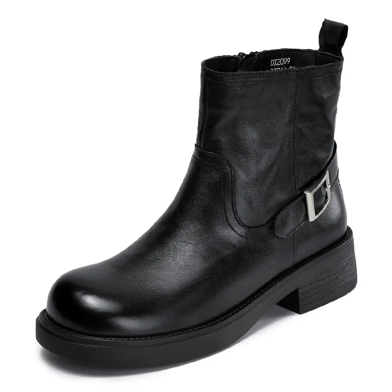 DRKANOL Autumn Winter Warm Ankle Boots For Women Genuine Cow Leather Mid Thick Heel Fashion Casual Commuting Short Boots Lady