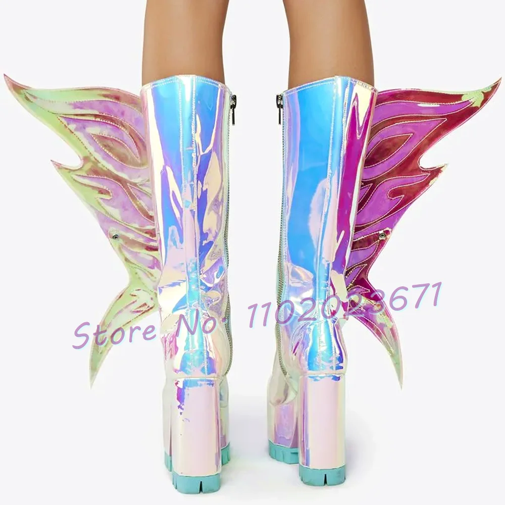 Sparkly Wings Platform High Boots Women New In Gorgeous High Block Heels Shoes Women Symphony Silver Stage Party Knee High Boots