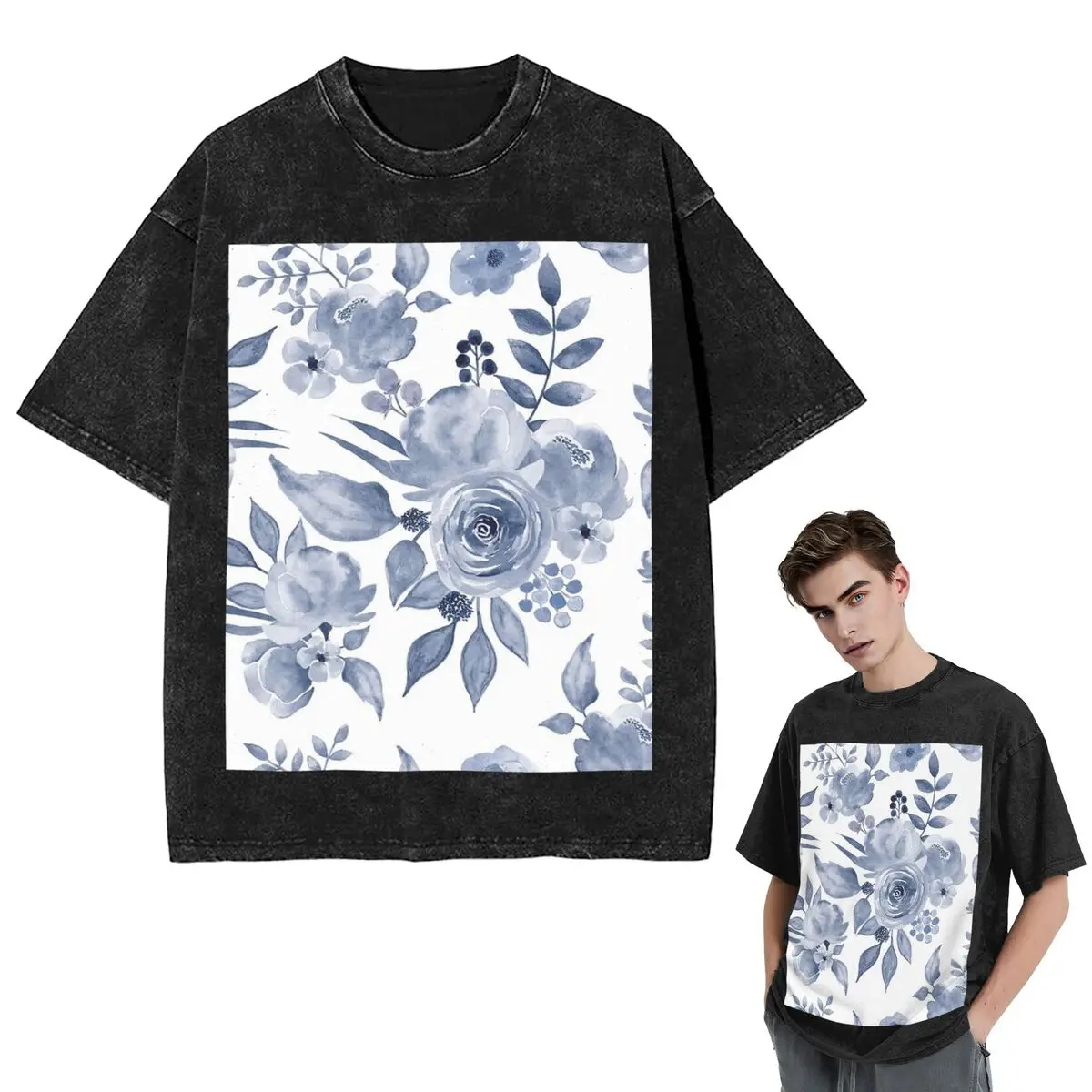 Streetwear T-Shirts Hamptons Style Floral Design Washed T Shirt Short Sleeve Hip Hop T-Shirt Tops Tees for Men Women