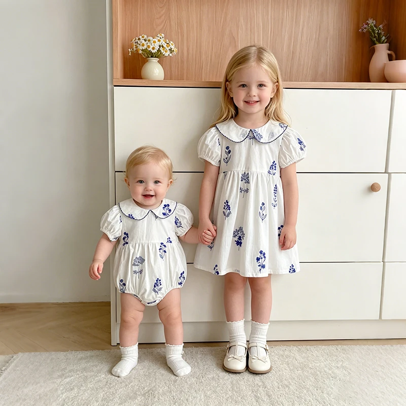 2026 Summer Sister Dress 0-24M Baby Girl Embroidery Collar Romper 2-6Yrs Kid Sweet Party Short Sleeves Dress