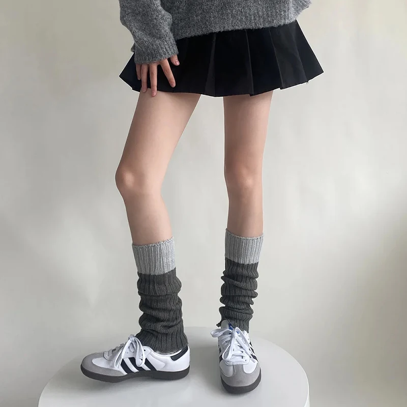 Autumn Winter Lolita Contrast Color Thermal Long Socks Foot Cover Cute Girl Slim Calf Stockings Women Knitting Wool Leg Warmer