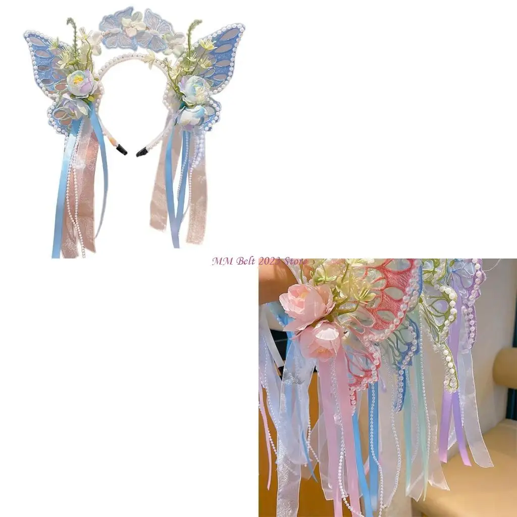 

49ME Girls Glinting Headband Pearls Oversized Butterfly Hairband for Pageant Prom