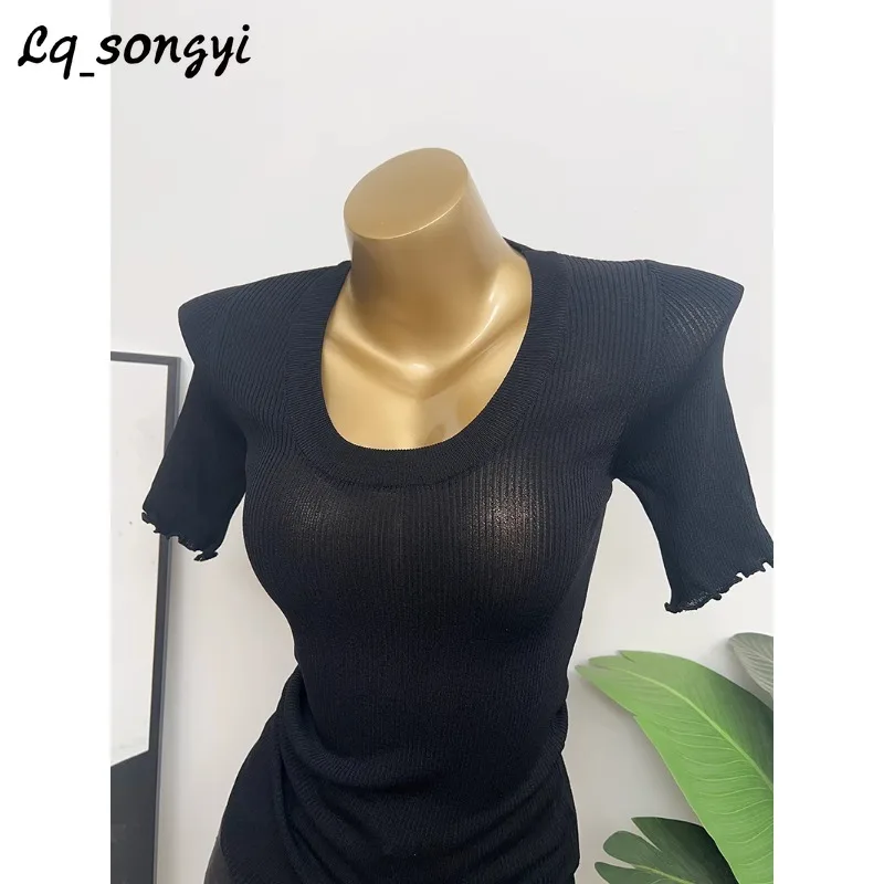 

Lq_songyi Sexy See-through ~ Scoop Neck Tops Short Sleeve Knitted T Shirts High Strecth Top Summer Women Slim Fit Tight T-shirt