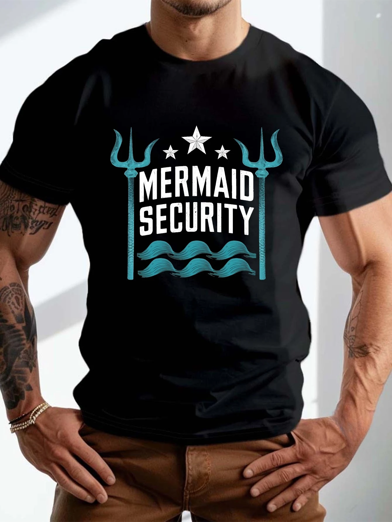 Mermaid Security Print Herren-T-Shirt in Übergröße, Kurzarm, Rundhalsausschnitt, Lässiges, Atmungsaktives, Stylisches Sommer-Top, Minimalistisch, Unisex – Detail 4