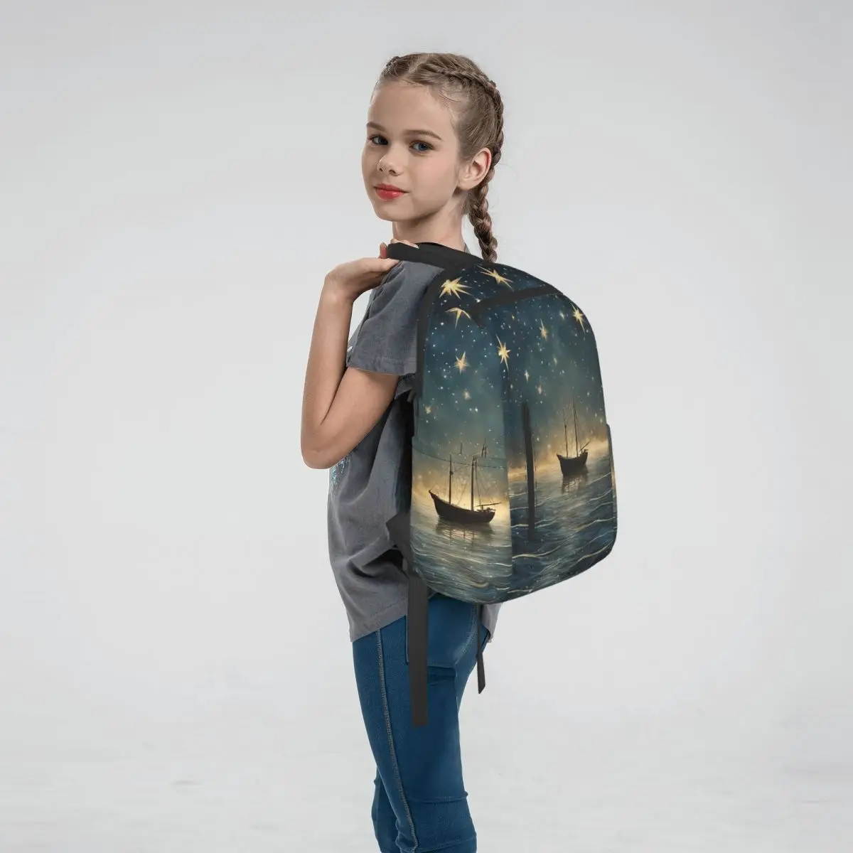 Starry Night Sailboat On The Sea Backpack Daypack Children BookBag School Bag Shoulder Bags for Men Women