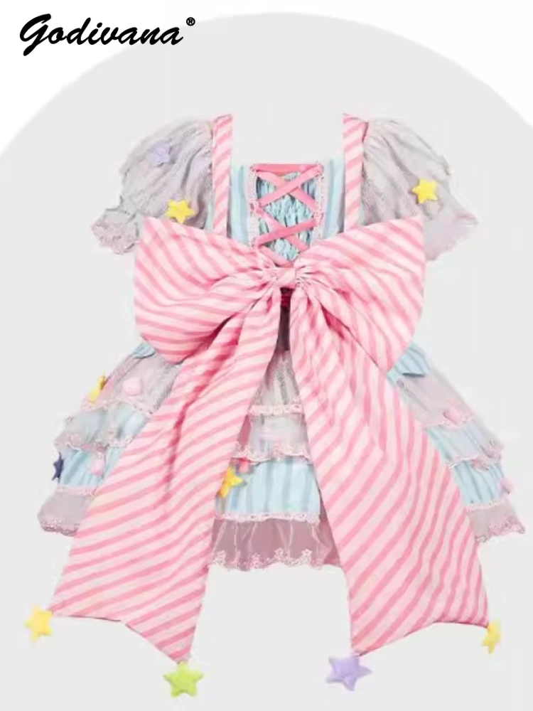 Sweet Cute Girls Princess Lolita Dress Kids Summer New Cosplay Dopamine Color Block Lace Trim Mesh Bow Puff Sleeve Layered Dress