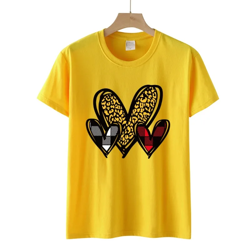 Baumwolle 100 % Valentinstag Neues Produkt: Kurzarm-Damen-T-Shirt mit kariertem Herz-Print und Rundhalsausschnitt mit Leopardenmuster