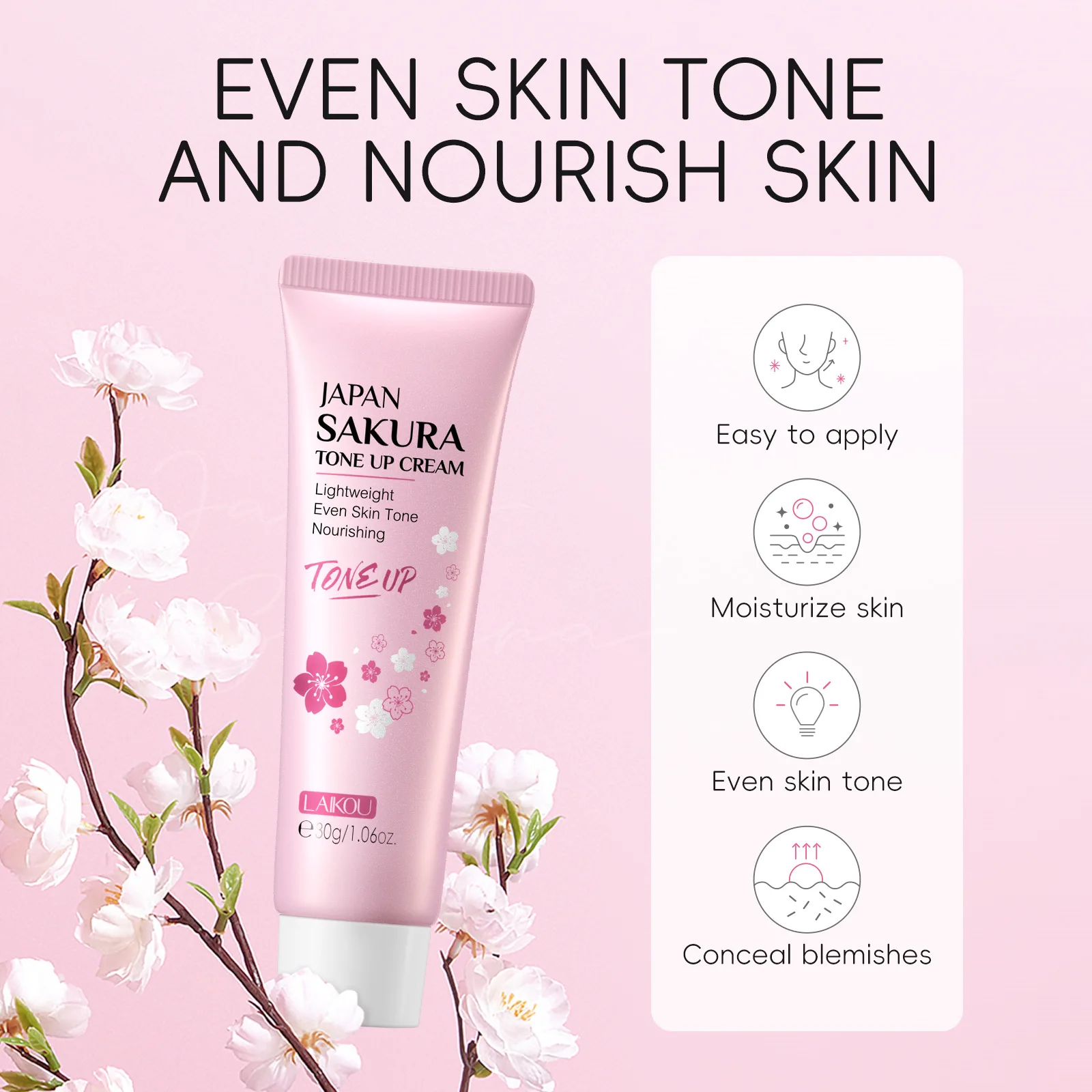 LAIKOU JAPAN SAKURA Tone Up Cream 30g Conceal Blemishes Brighten Skin Reduce Dullness Oxidation Delicate Lazy Cream