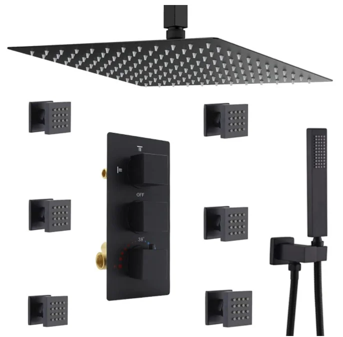 Matte Black Shower System Multi Rain Head, 16 Inch Ceiling Large Rainfall Square Faucet, 6 Pcs Full Body Spray Jets