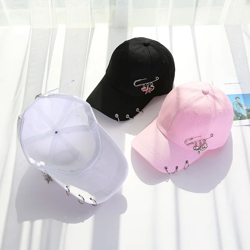 Adult women's hip hop snapback hats Metal rings Chain Baseball cap Casual cotton Travel Trucker hats for men Dad hats