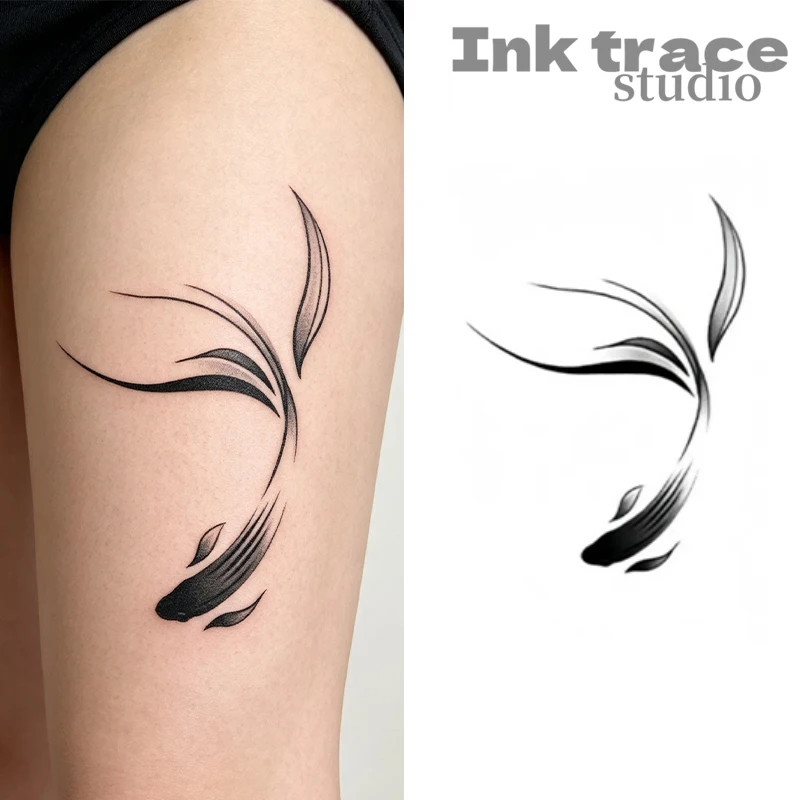 Oriental-Style Koi Fish Temporary Tattoo Simple Black Ink Gradient Design Body Art Suitable for Collarbore