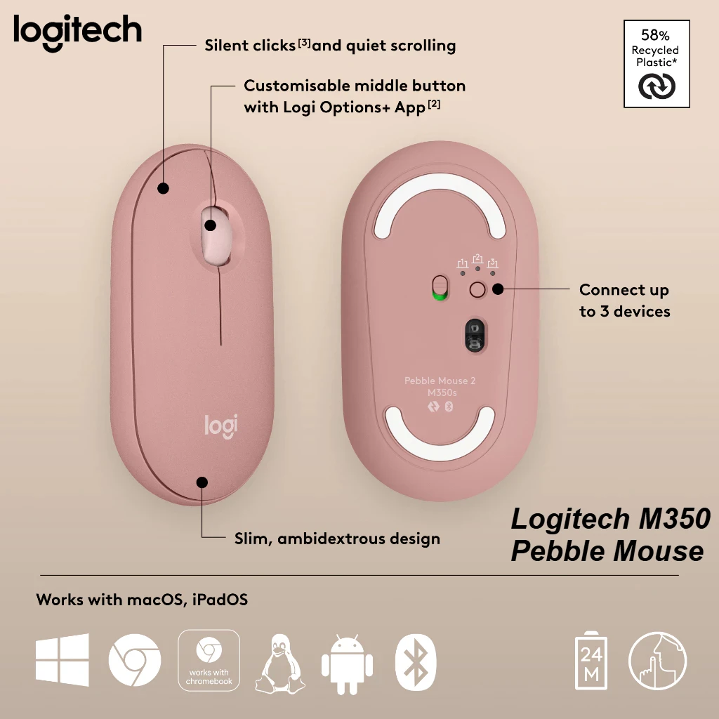

Logitech Pebble M350 Eco Mouse | Recycled Plastic | Multiple Colors | Slim Ergonomic Grip | Quiet & Stylish Silent Scroll