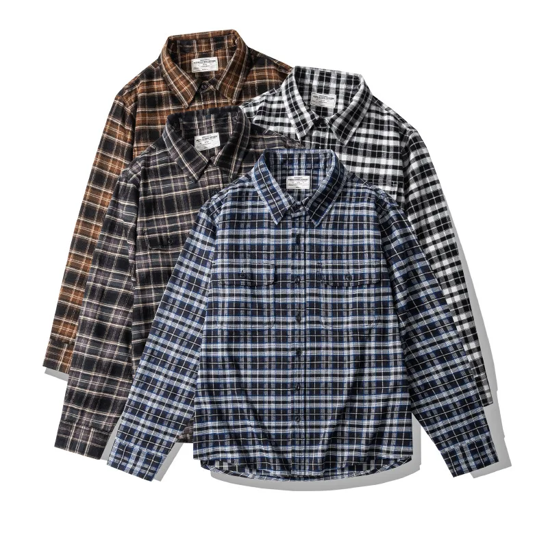 OKONKWO Heavy Thick Plaid Shirt Lightly Brushed Amei Khaki American Men's Retro Long Sleeve Shirt Outdoor Trekking Lovers