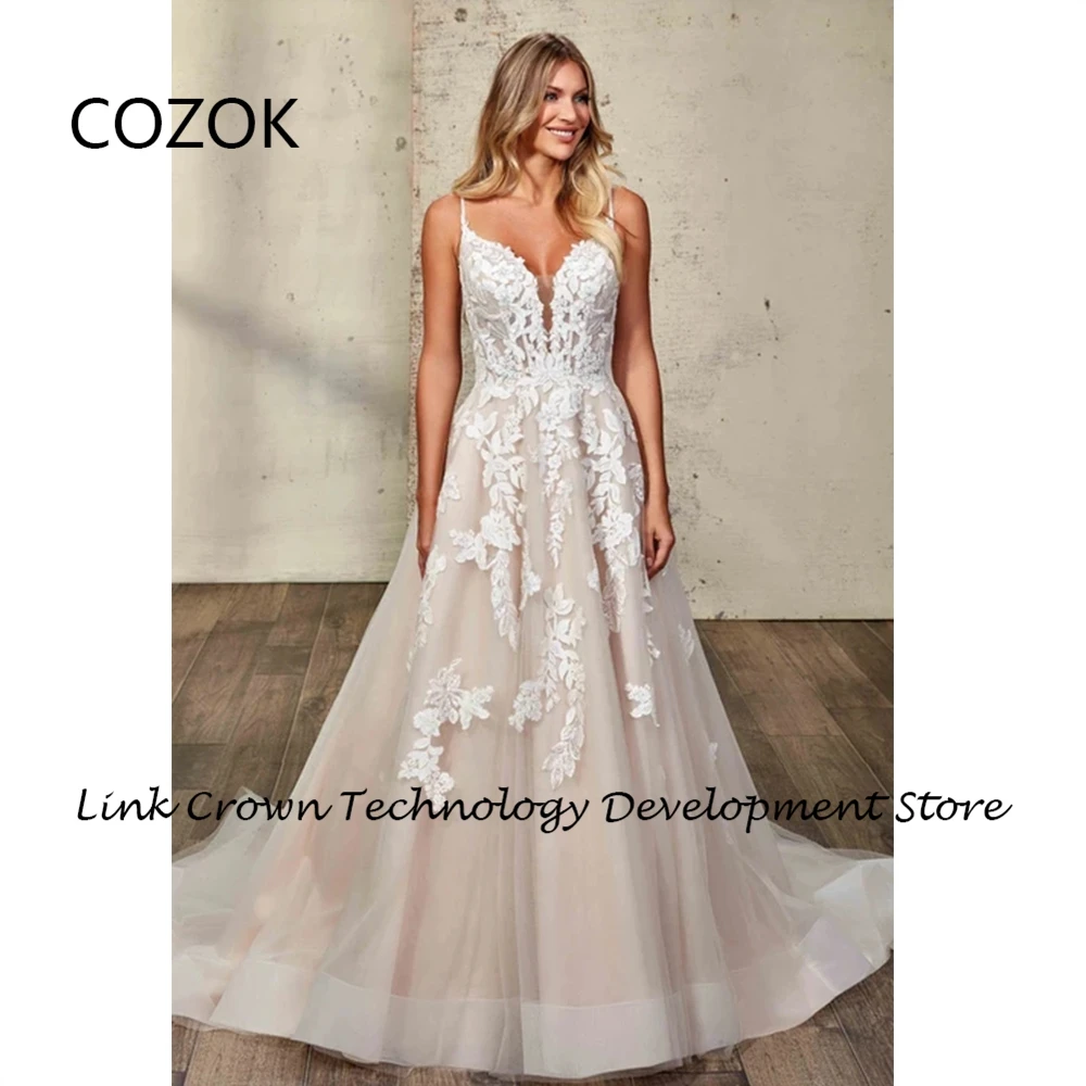 COZOK Spaghetti Straps Champagne Wedding Dresses with Lace 2024 Summer Sleeveless Bridal Gowns New Sleeveless Vestidos De Novia