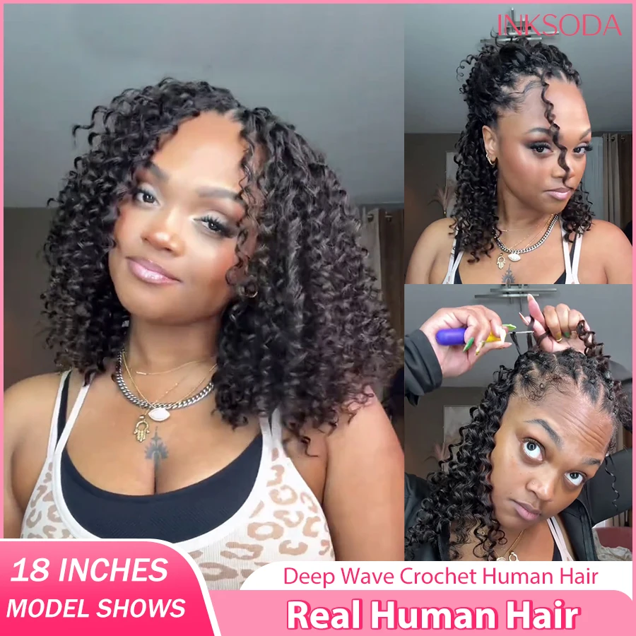 Deep Wave Crochet Human Hair Curly 18 Inch Bundles Boho Braid Hair Remy Pre-Separated Invisible Feather Crochet Hair Extensions