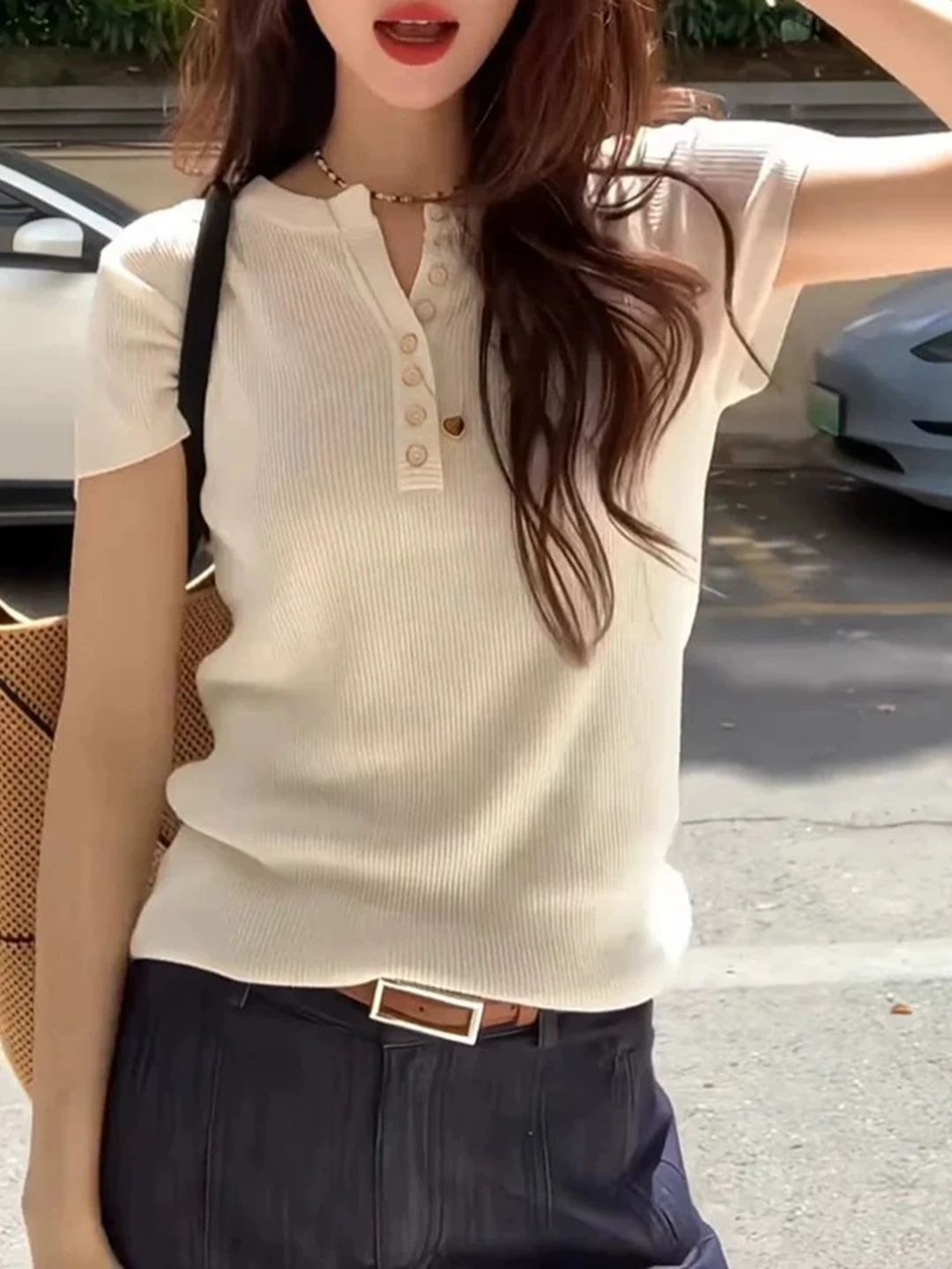

Korean Style Half Open Collar Knitted Short Sleeve T-Shirt Women's plus Size Casual Fashionable Versatile Summer Top