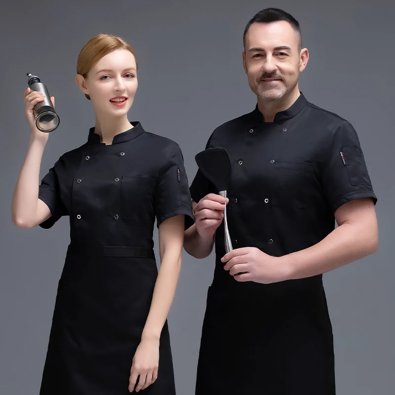 Jaqueta uniforme Chef manga curta para homens e mulheres, roupas de trabalho, adequado para restaurante, padaria, café, garçom