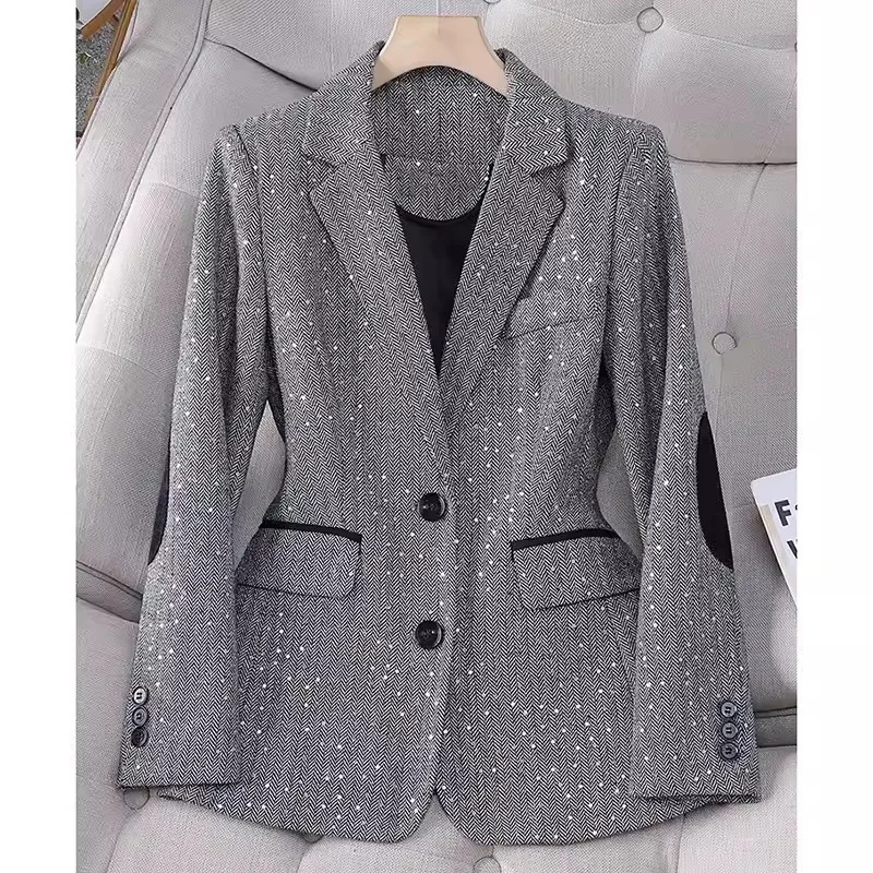 

Grey Stitching Plaid Sequined Suit Jacket Women's Spring Autumn 2024New Single-Breasted Long-Sleeved Casual Temperament Blazer