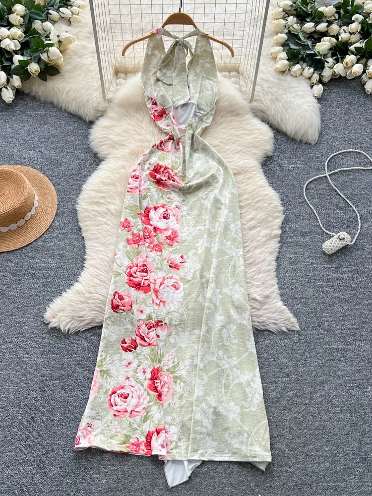 ชุดเดรสยาวทรงเอพิมพ์ลายสำหรับผู้หญิง สไตล์เกาหลี เอวสูง ทรงเข้ารูป ผ้าพลีท ช่วยพรางหุ่น เหมาะสำหรับฤดูร้อน