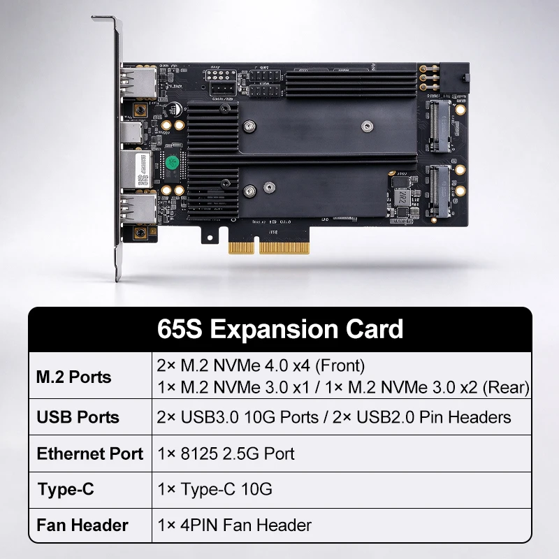 Nexus 65S Multi PCIe 4.0 x4 Expansion Card 4 M.2 NVMe Slots +2.5G LAN +10G USB Type-C USB3.0 Adapter for Desktop