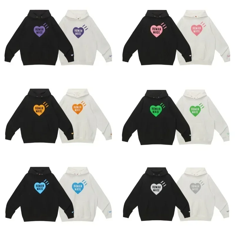 Human Made Winter Fleece Hoodie Heart Print Oversize Pullover Streetwear Top