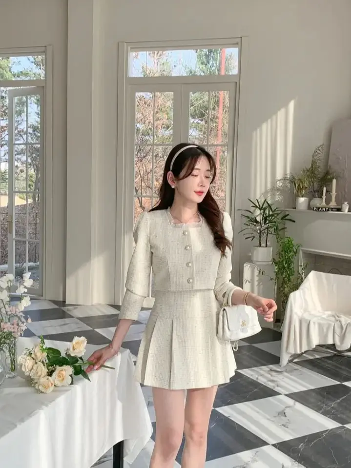 Small Fragrance Two Piece Set High Quality 2024 Spring Women Outfit Short Jacket +High Waist Pleated Skirt 2 Piece Sets