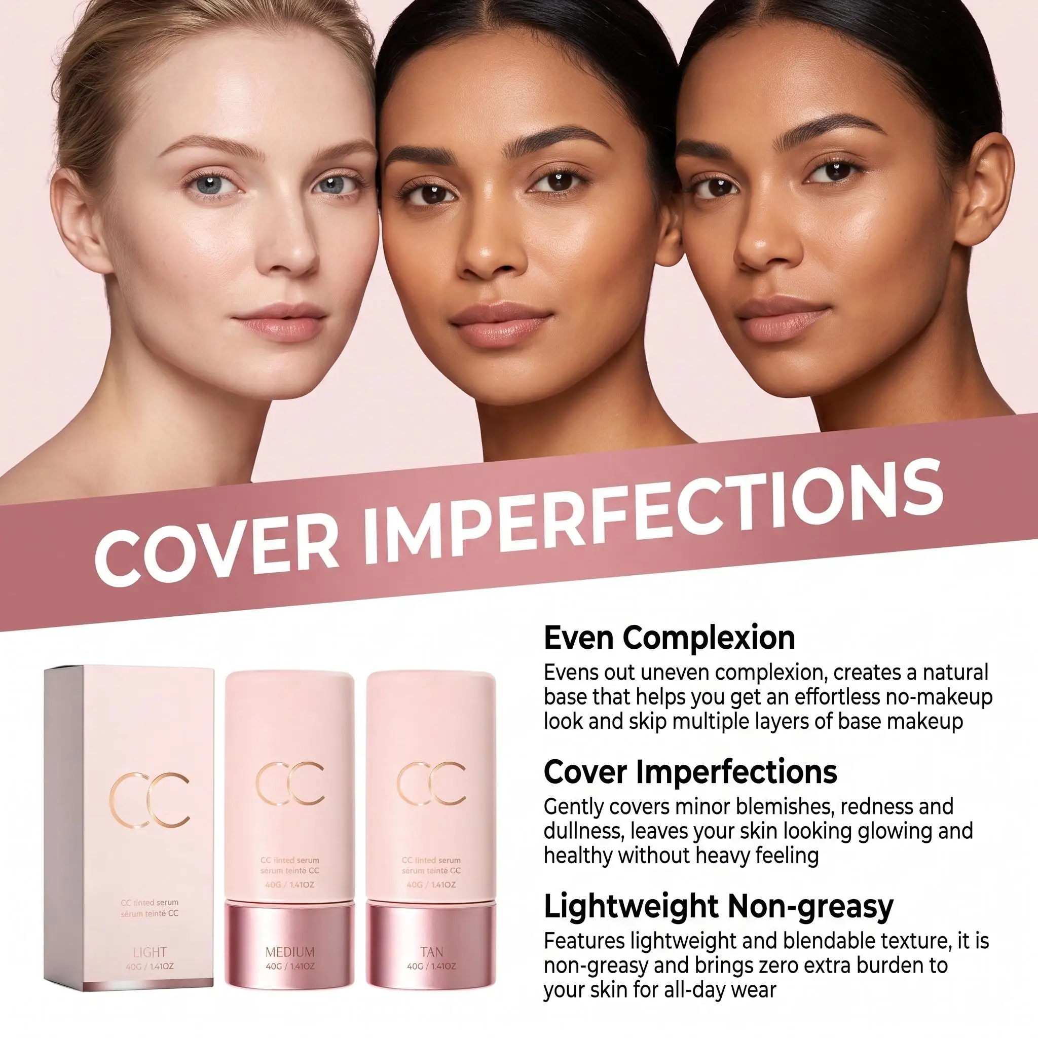 CC Tinted Serum Color Correcting Tinted Serum Self Adapt Skin Tone No Caking Natural Finish Coverage Foundation Serum
