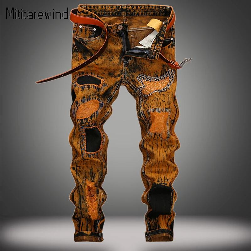 

Retro Patch Jeans Men Hip Hop Y2k Streetwear Punk Jeans Cotton Tie Dye Distressed Straight Jeans High Street Fashion Youth Pants