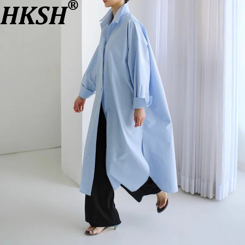 

HKSH весна осень новая женская длинная рубашка с отложным воротником однобортная однотонная универсальная офисная женская повседневная блузка HK12571