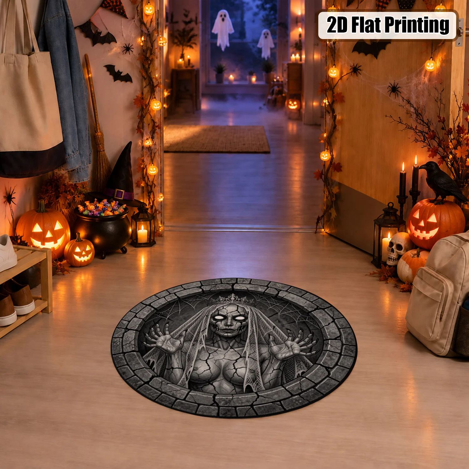 Creepy Zombie Queen Bride Well Spiderweb Design Round Velvet Rug Machine Washable for Living Room Bedroom Entryway Halloween Thanksgiving Black Friday Christmas New Year