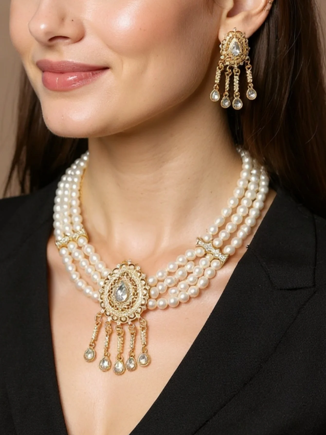 Marokkanisches Brautschmuck-Set, mehrschichtiger Perlenchoker, Quasten-Ohrhänger, wassertropfenförmige Kristalleinlage, ethnischer Hochzeitsschmuck für Frauen – Detail 3