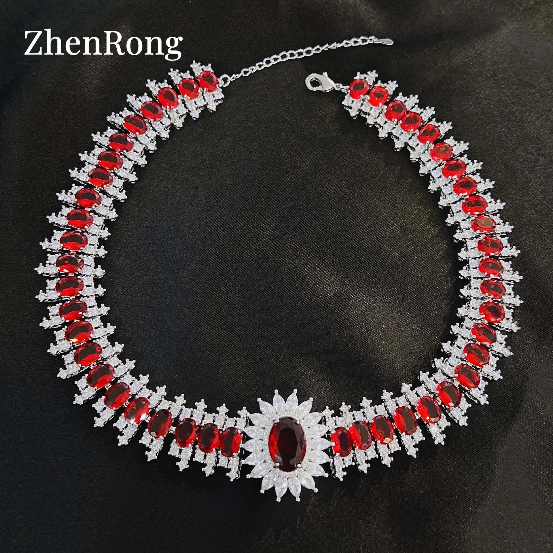 

Luxury Designer Jewelry Full Zircon Simulated Ruby Necklaces Women's Retro Wedding Banquet Silver Color Necklace 40cm Chain