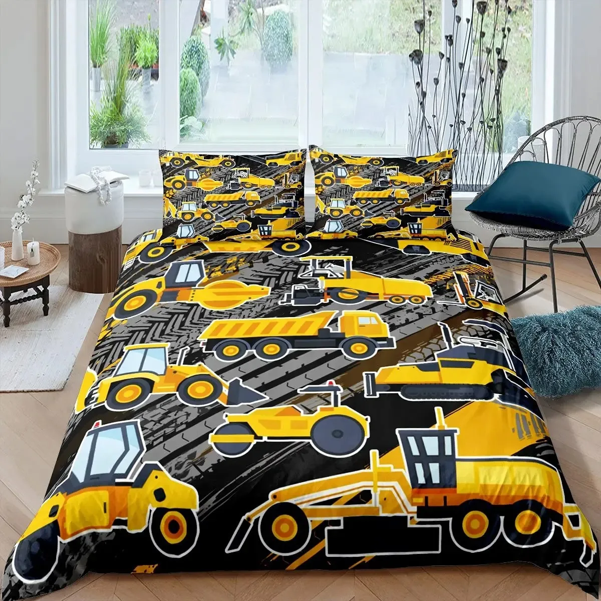 Excavator Duvet Cover Set Microfiber Tractor Truck Comforter Cover Twin Construction Vehicle Cartoon Bedding Set For Boys Teens