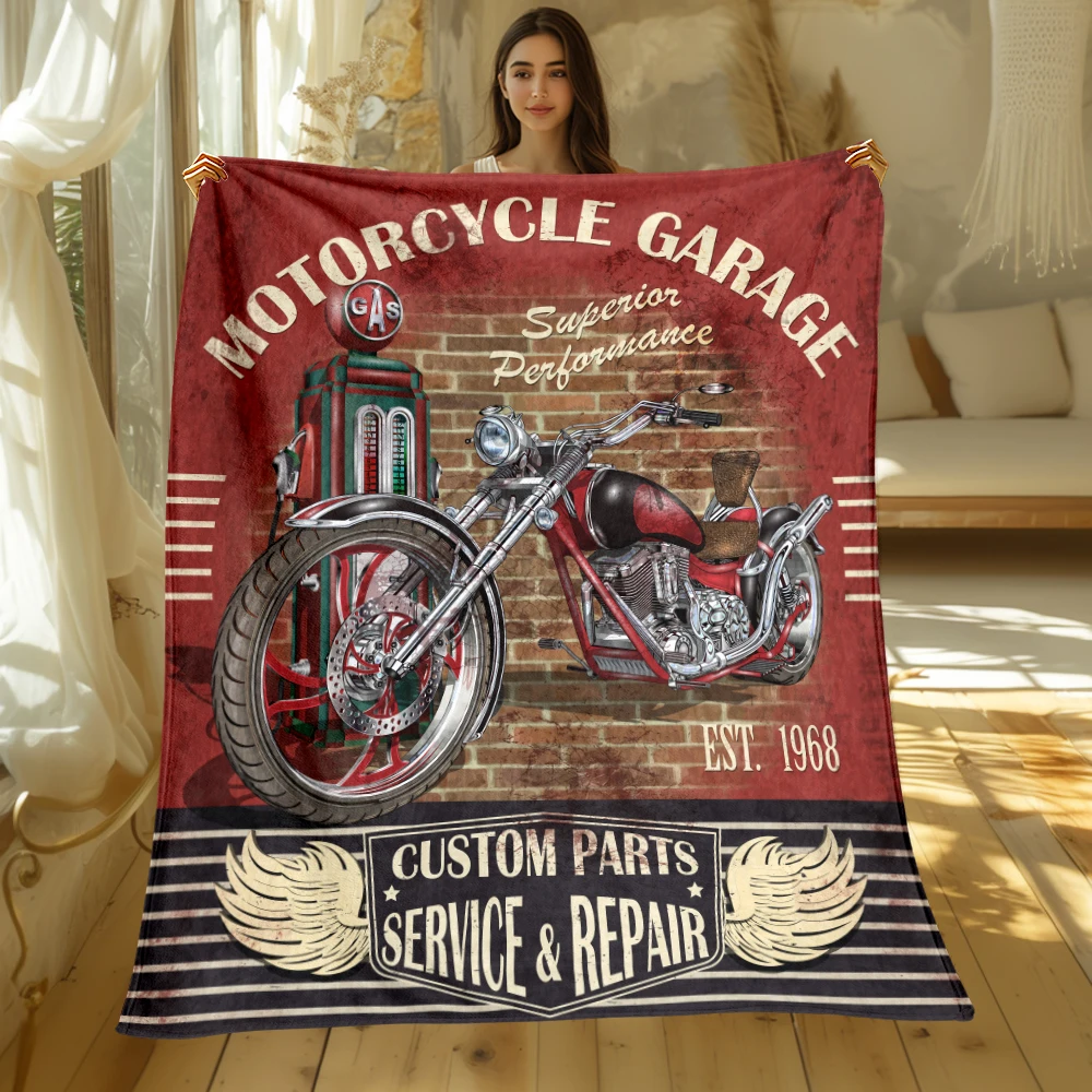 1pc Retro Motorcycles Print Four Seasons Blanket Sofa Bed Cover Soft and Fluffy Blanket Soft Warm Flannel Throw Blanket Gift Art