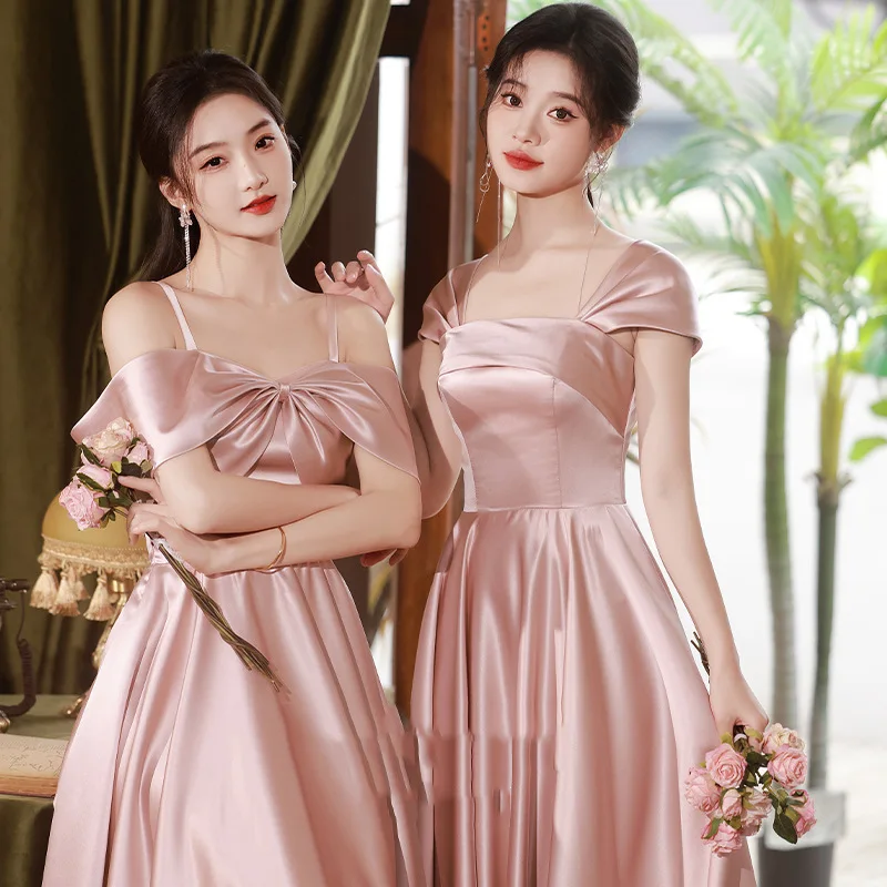 

Pink bridesmaid 2024 New Autumn Wedding Satin Sisters Group Evening Long Dress