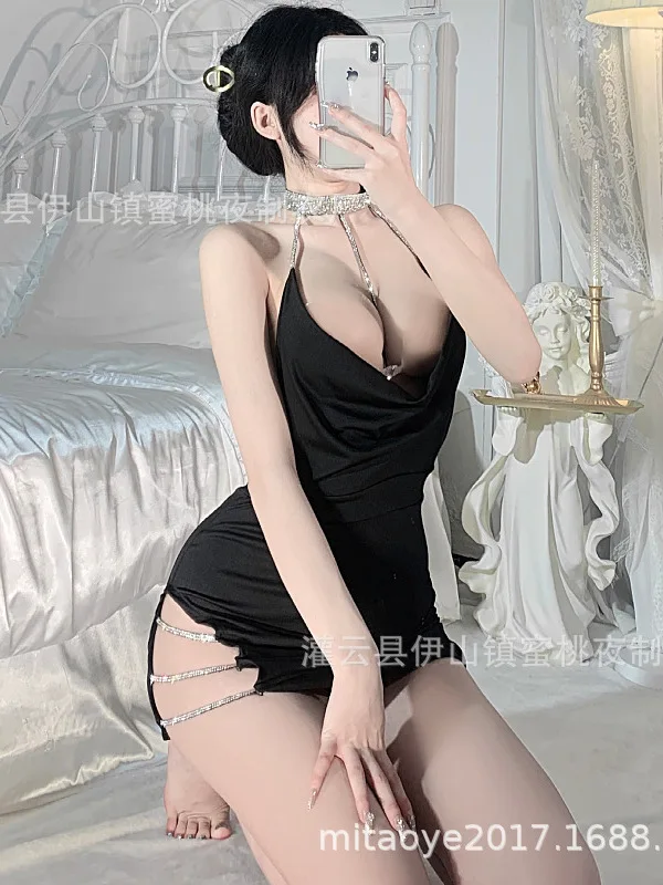 

New Fun Transparent Spicy Neck Hanging Chain Secretary Uniform Sexy Side Opening Hollow Out Bed Passionate Underwear Dress DK6J