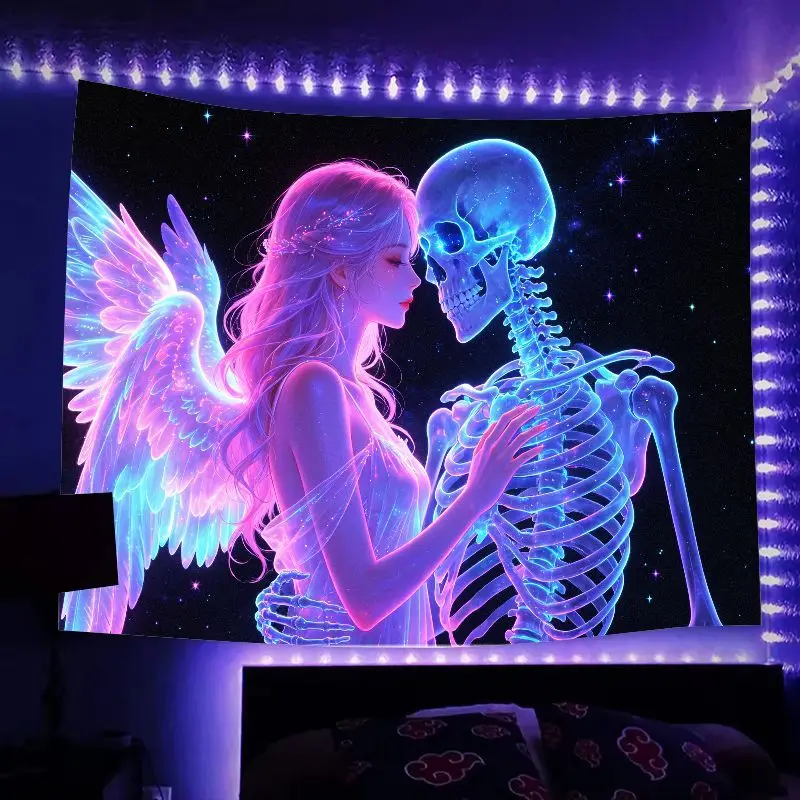 VIKAMA Angel Skeleton Couple Tapestry, Neon-Style Winged Girl Polyester Wall Hanging, Gothic Romantic Home Wall Decoration