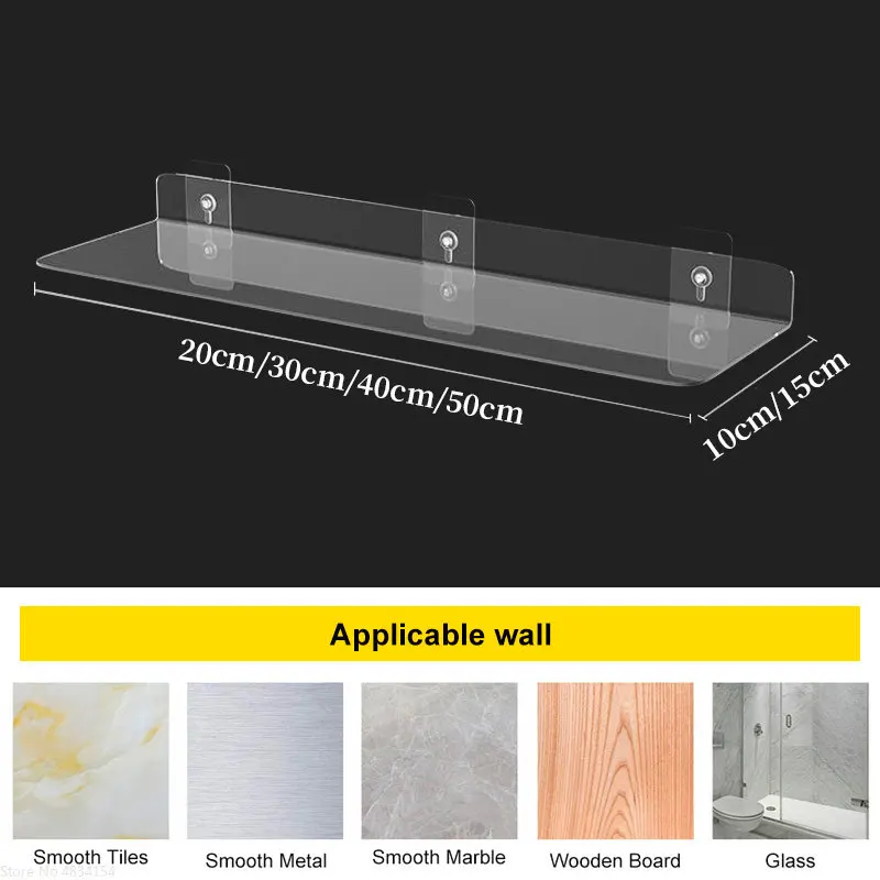 Storage Rack Acrylic Shelf Clear Wall Mounted Thick Transparent Floating Display Stick Bathroom Kitchen Ledge Organizer 20-50cm