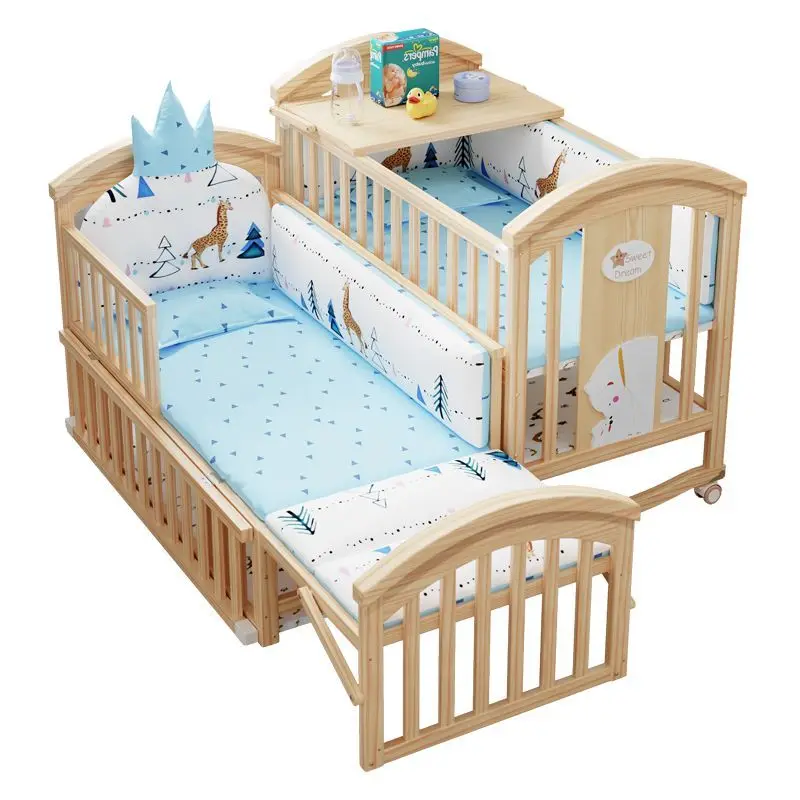 Ruibao Solid Wood Crib Unpainted Newborn Baby Cradle Multi-Functional Movable Widened Children's Splicing Bed Infant Sleeping