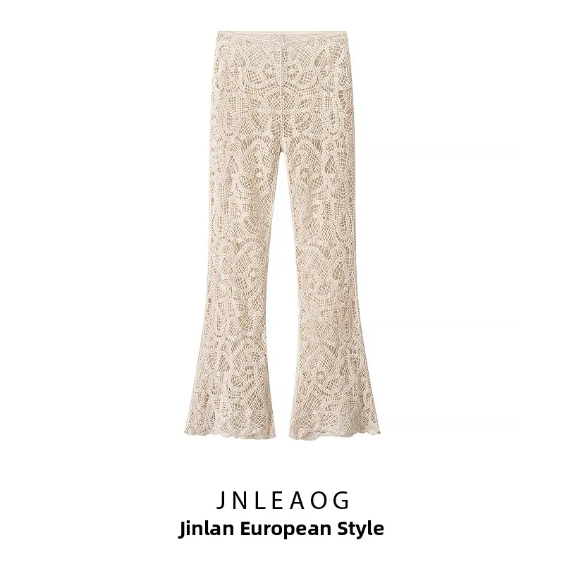 

JNLEAOG Fashionable Long Hollow out Hook Flower Women's Pants Street Style Straight Leg Casual Trousers for Ladies