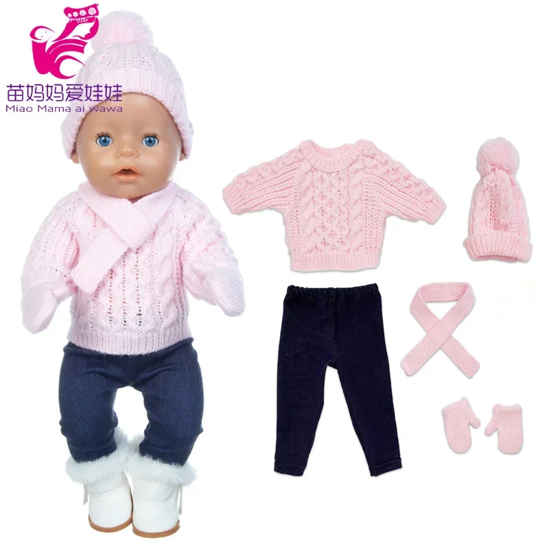 43 cm baby doll clothes crochet sweater 18 inch girl doll winter clothes set scarf hat gloves new year apparel for dolls