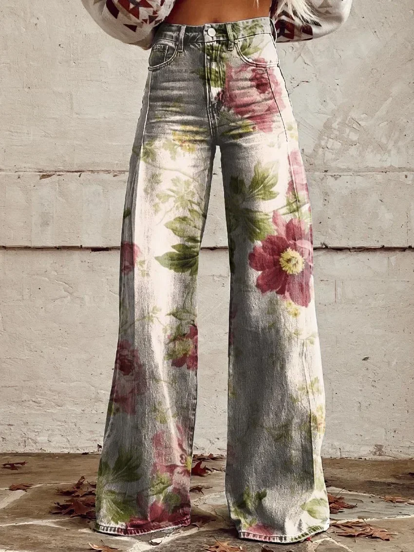 Jeans de flor e grama jovem estampado em 3D para mulheres, calça micro-flare feminina, jeans de perna larga, padrão floral retrô, nova moda