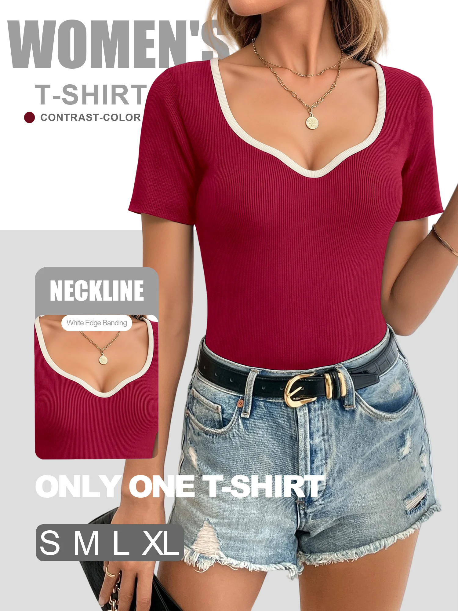 Capsule Wardrobe Staple Piping‑Trim T‑Shirt, Vertical‑Rib Blouse for Cardigan and Outerwear Matching