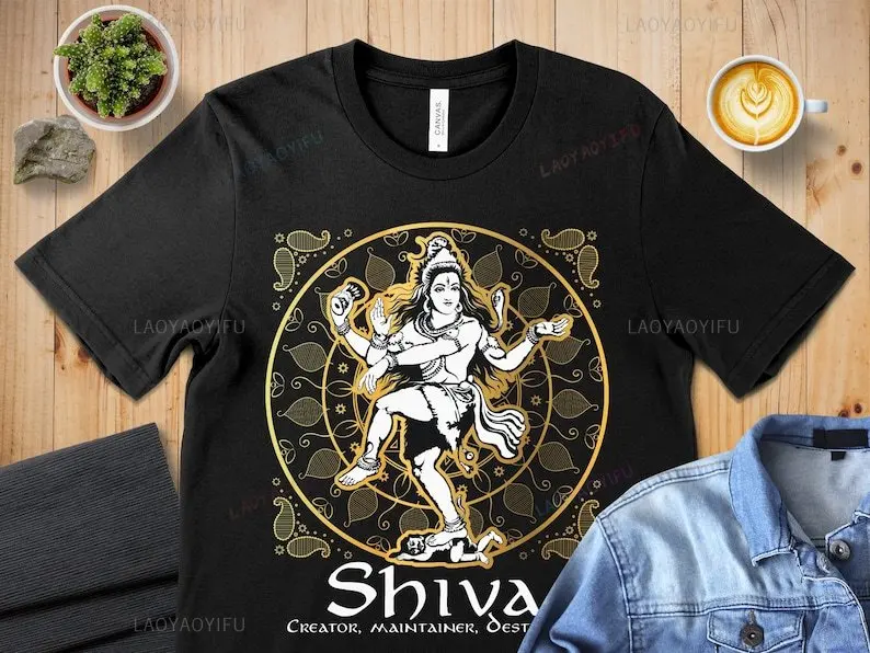 India Shiva Printed T-shirt Creator Maintainer Destroyer\' Hindu Gods Lord Shiva Woman Man Cotton T-Shirt Vintage Short-sleev