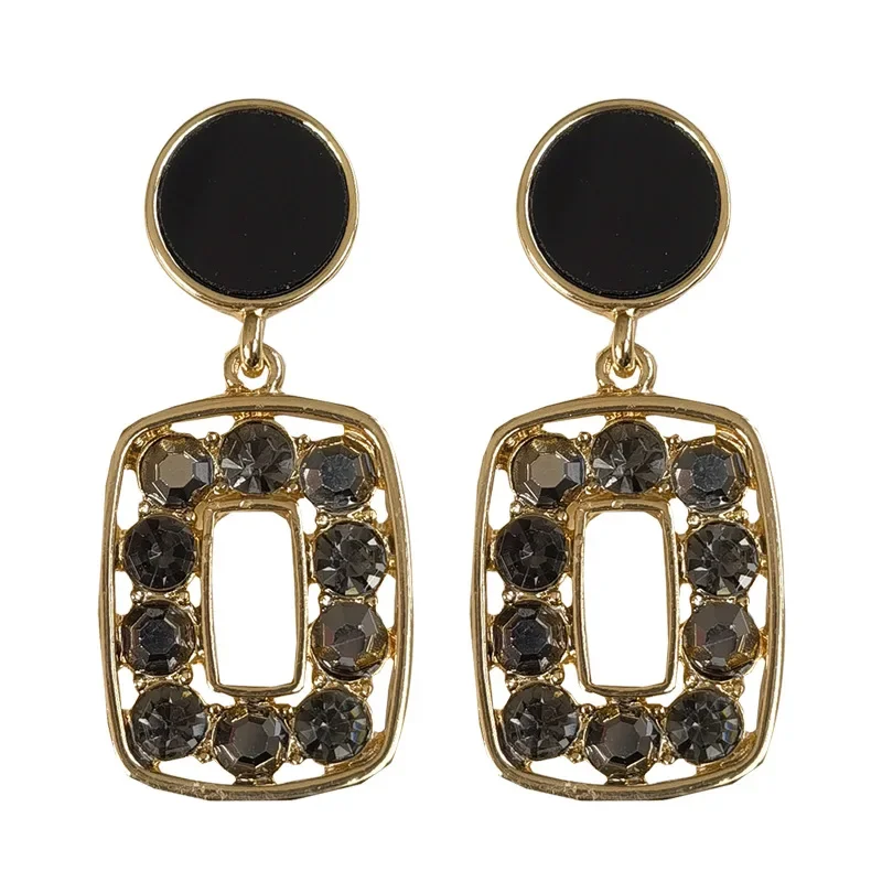 Temperament Statement Rhinestone Geometric Square Clip Earrings No Piercing Vintage Hollow Out Black Clip on Earrings for Women