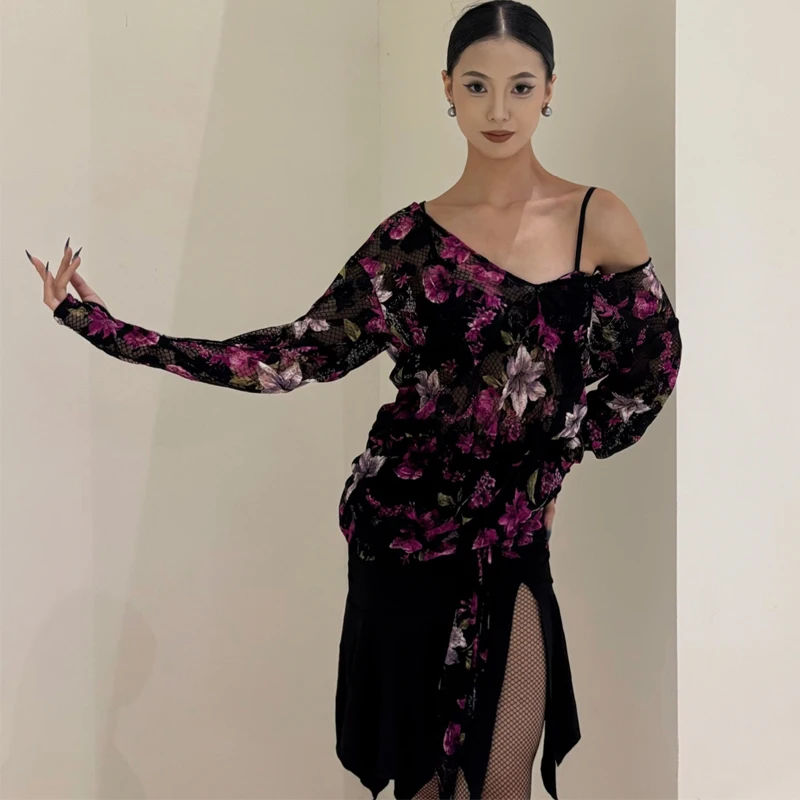 

Костюм для соревнований по латинским танцам для взрослых, румба, костюм с цветочным узором, верхняя юбка с разрезом, женская одежда для бальных танцев, тренировочный костюм SL14424