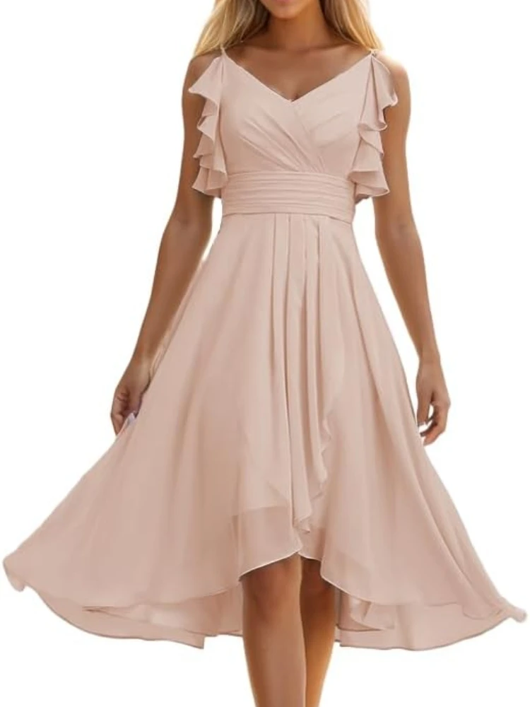 Einfache elegante Brautjungfer kleider für Hochzeit Wave Edge Spaghetti träger Abendkleid Sommer beliebte Chiffon Abendkleid