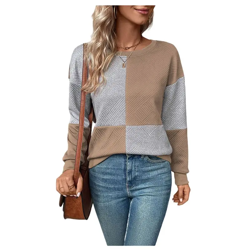 

CYL-Female Color Block Long Sleeve T Shirts Crew Neck Loose Casual Pullover Textured Patchwork Sweatshirt