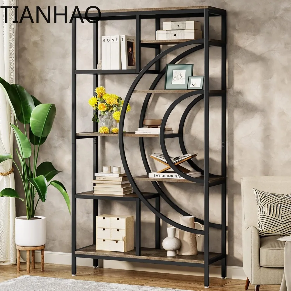 71 inches Geometric Bookcase, Industrial 8-Tiers Bookshelves, Rustic Etagere Bookcase with Metal Frame, Tall Freestanding
